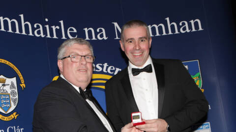 Brendan Griffin (Kerry) accepts his medal for refereeing the Munster Club Intermediate Football Final in 2024 from Munster GAA Chairman Ger Ryan at the 2024 Munster GAA Awards at Fota Island Resort on Saturday December 14th.