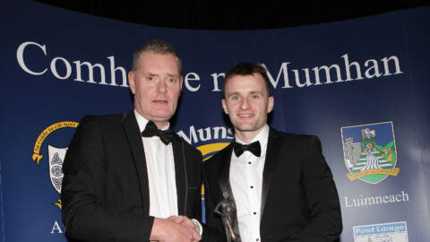 Tom O'Sullivan (Kerry) accepts the Senior Footballer of the Year Award from Munster GAA Vice Chairman Tim Murphy at the 2024 Munster GAA Awards at Fota Island Resort on Saturday December 14th.